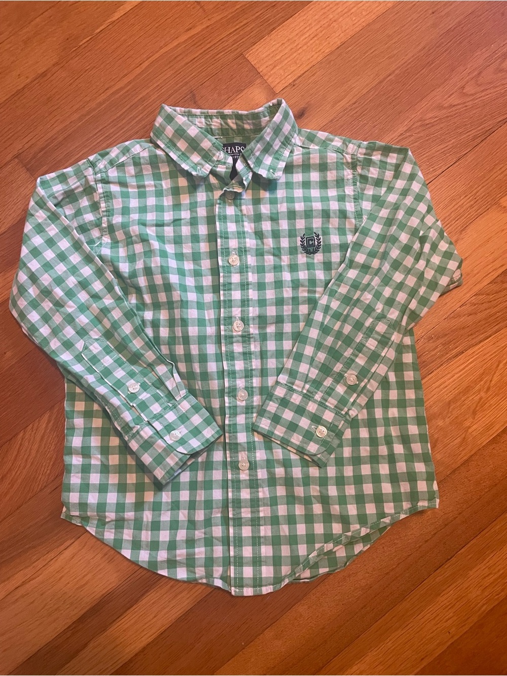 Chaps Green and White Gingham Button-Down Shirt with Crest